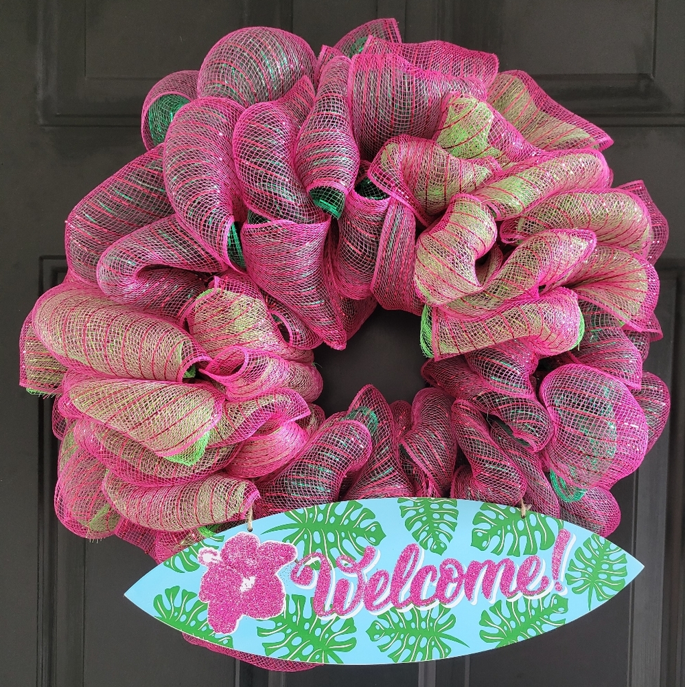 Pink & Green Tropical "Welcome" Poly Deco Mesh Wreath, New